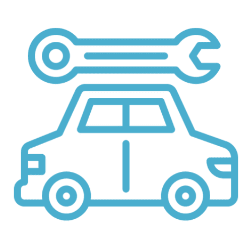 A blue car with a wrench on top of it.