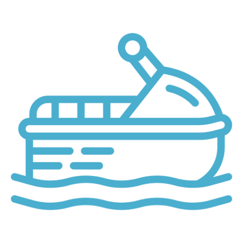 A blue boat is in the water.