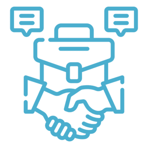 A blue pixel art style picture of two people shaking hands.