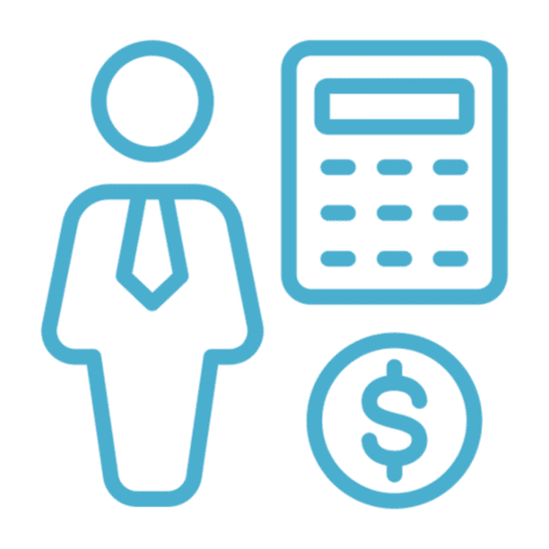 A blue pixel art style picture of a man and calculator.